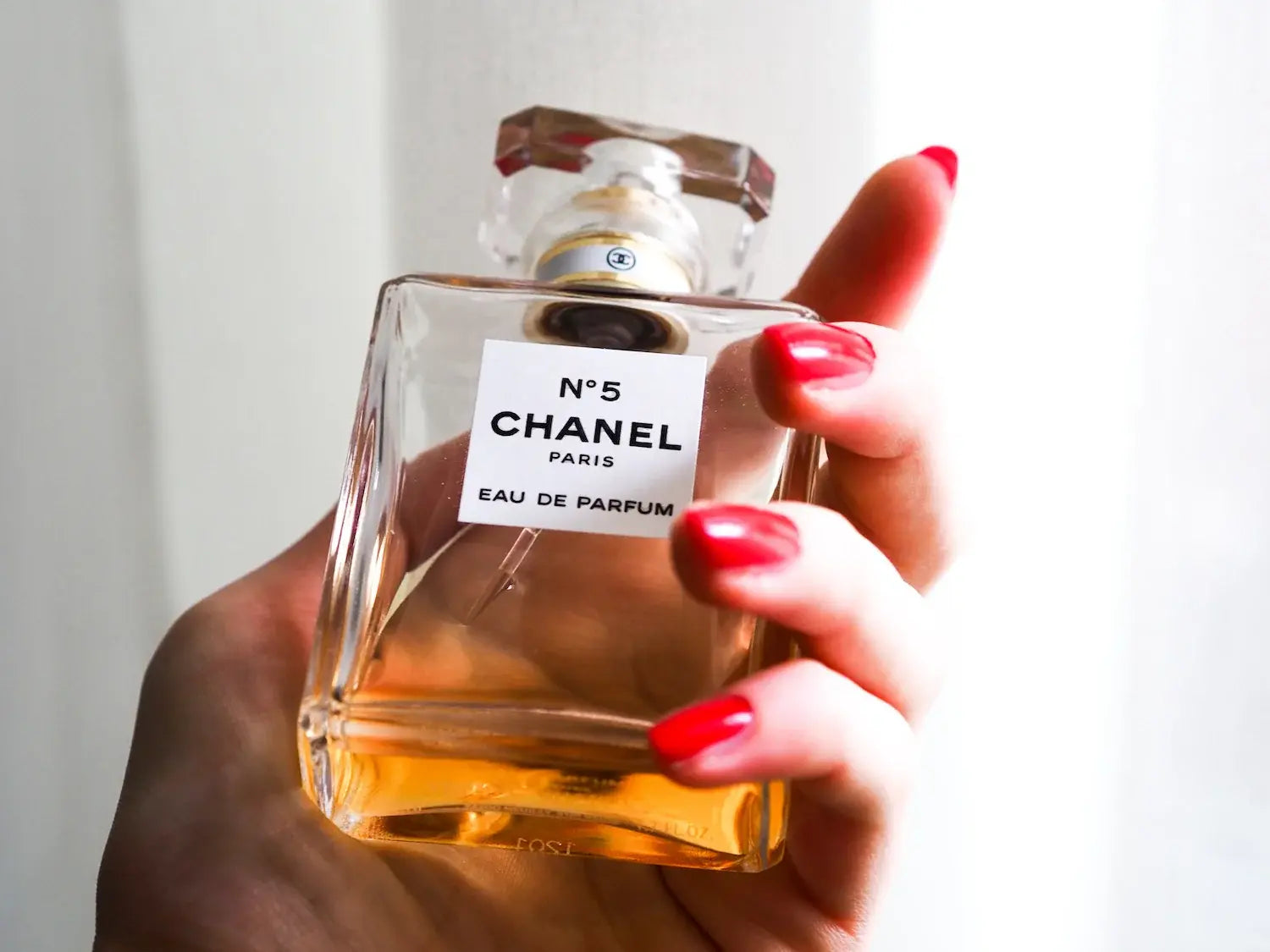 Chanel No. 5 perfume bottle held by a hand with red nails against a white background